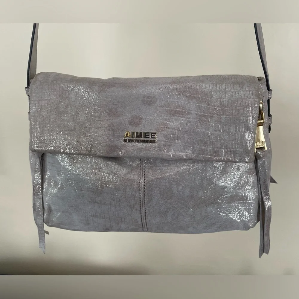 Aimee Kestenberg Beige with Gold Metallic Shimmer Bali Foldover Crossover Bag - Picture 2 of 7